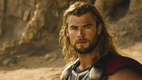 Cinematic warrior portrait in arid rocky environment, golden light