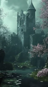 Ruined stone tower rises above misted moat in twilight ambiance
