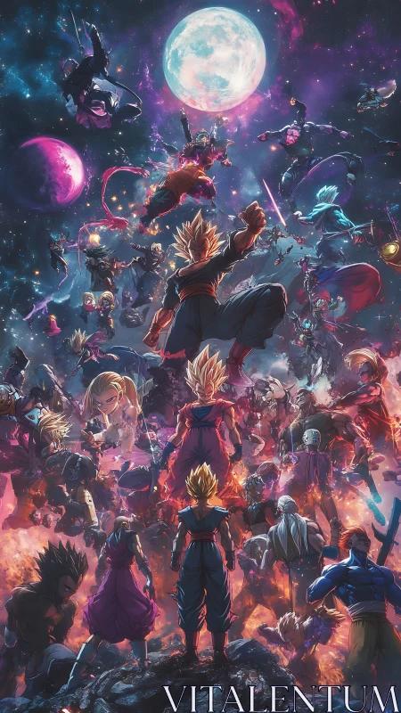 Multiple anime fighters confront in layered cosmic battleground