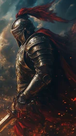 Armored knight stands in burning battlefield under storm sky