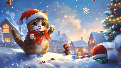 Festive kitten in snowy village rendered as luminous digital painting