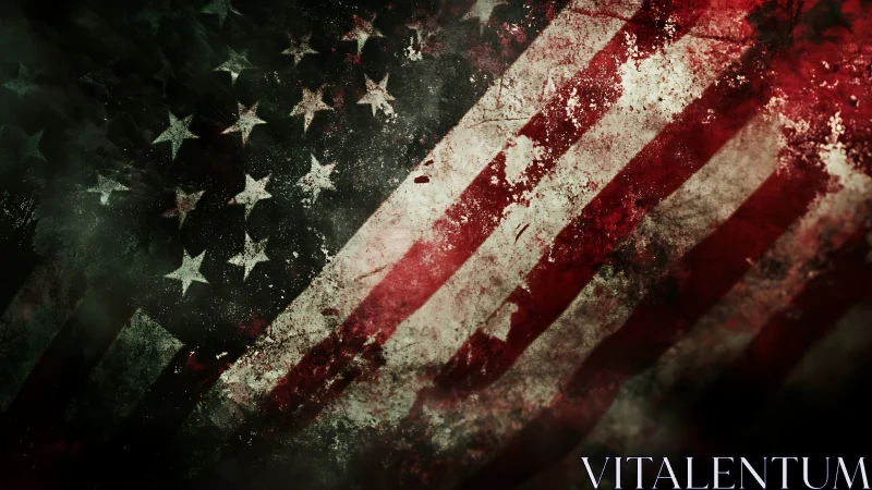 Weathered American flag in storm-torn, grunge-soaked twilight.