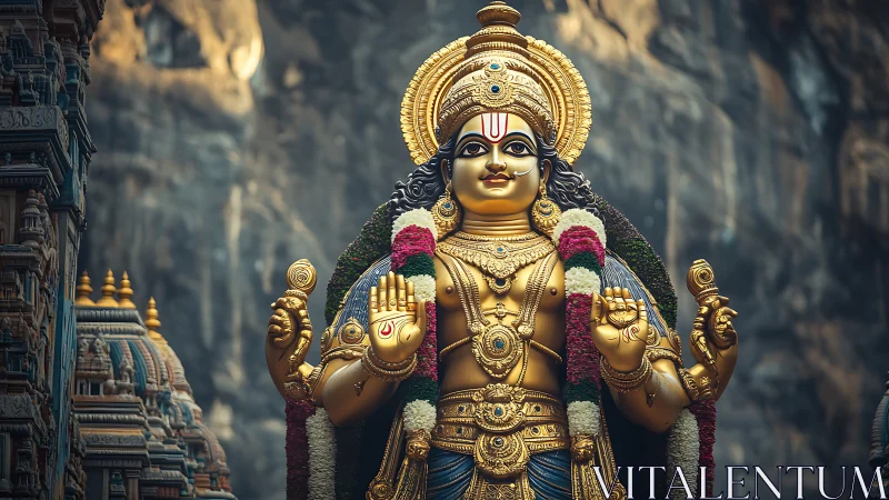 Photorealistic golden deity statue with temple architecture focus.