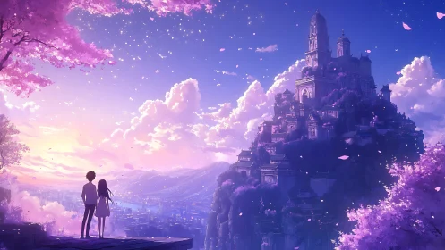 Twilight overlook of terraced fantasy city and blossom sky