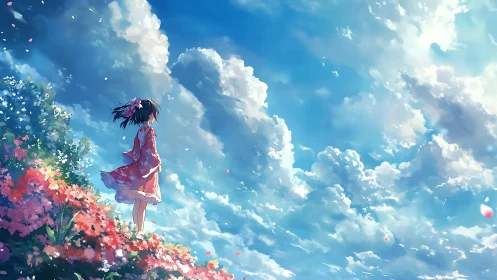Anime girl on flower hill under vast cloudy sky panorama.