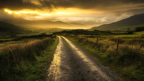 Sunlit gravel road slips toward misty hills and molten sky