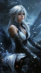 Silver-haired dark elf warrior amid icy stormlight aura.