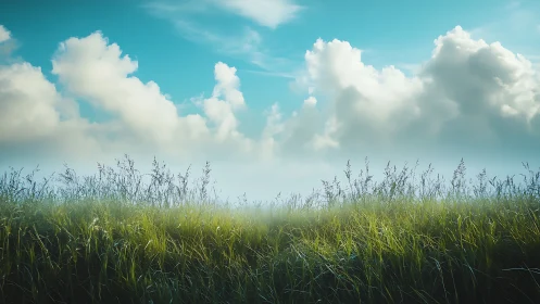 Low-angle meadow landscape captures luminous grass and clouds