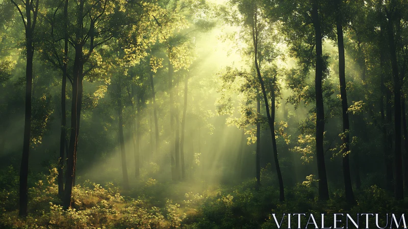 Forest pathway with diffuse sunlight through tall trees.