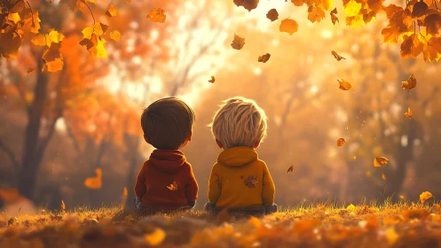 Two figures rendered in autumn landscape with volumetric lighting and particle fall