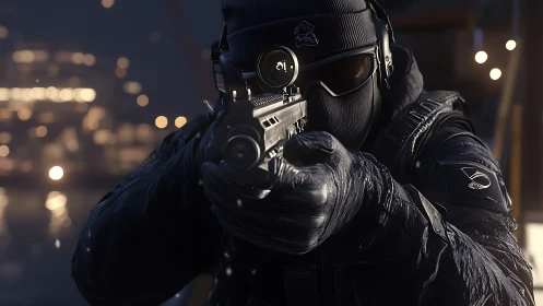 Tactical shooter aims pistol with optic in low light scene