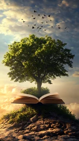 Storybook tree of knowledge growing in golden evening light.