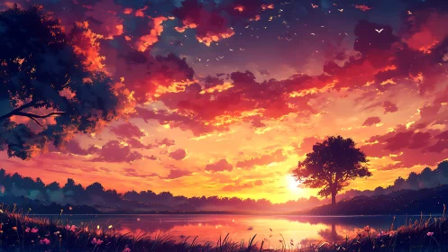 Sunset sky illuminates lakeside trees and reflective water