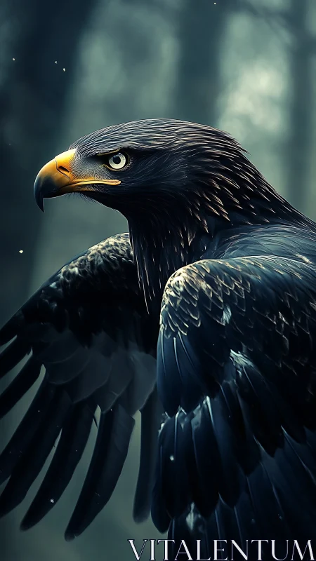 Photorealistic raptor portrait with dramatic forest backlight.