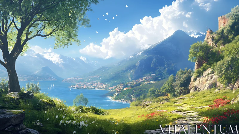 Sunlit cliffside path overlooking a tranquil coastal town.