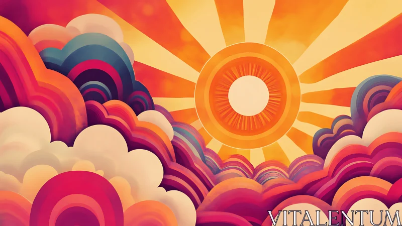 Radiant stylized sunrise illuminates layered retro clouds