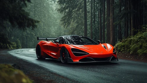Flame-red supercar prowls a misty forest road in silence.