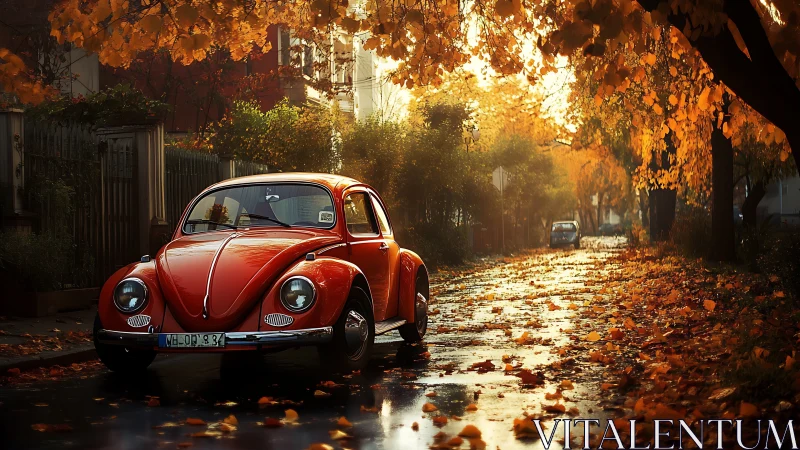 Red classic car on wet autumn street under foliage canopy.