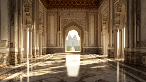 Golden morning light gently fills an ornate marble palace