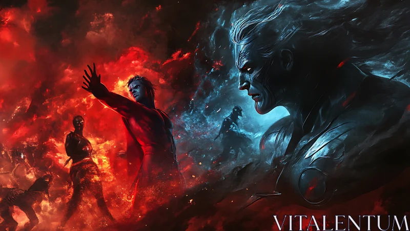 Elemental warriors locked in red fire and blue frost duel.