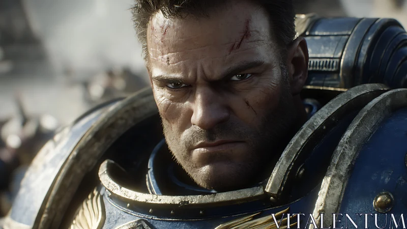 Battle-worn space warrior holds a steady, unshaken gaze