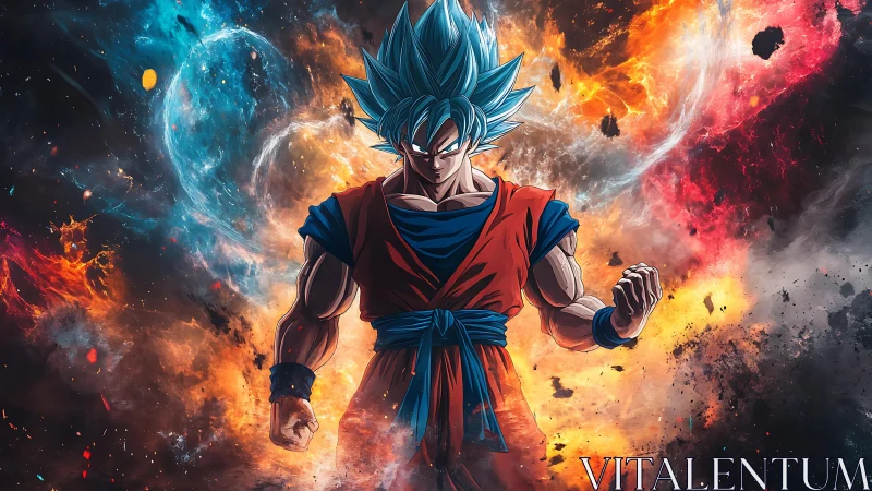 Blue-haired anime warrior stands in explosive cosmic energy field