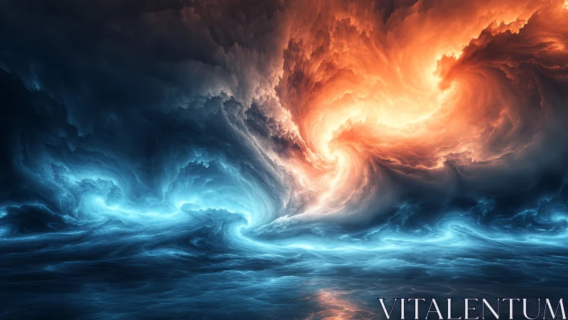 Fiery sky swirl meets cool ocean waves in glowing harmony.