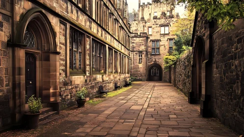 Stone courtyard passageway shows historic institutional buildings