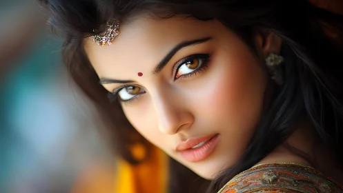 Close portrait of woman with bindi and traditional adornment.