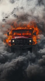 Red off-road truck front burns amid dense black smoke