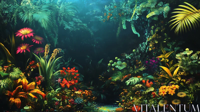 Lush digital rainforest with vivid tropical flowers.