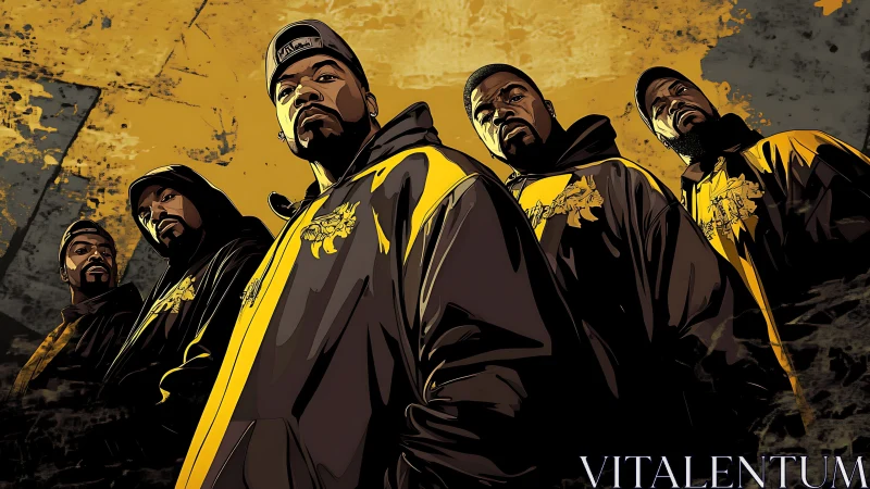 Hip-hop group stands united under gritty golden backdrop