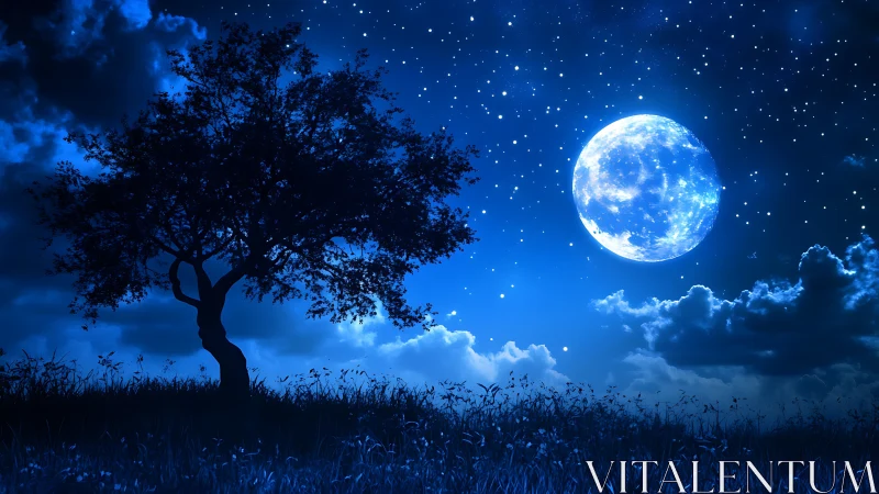 Moonlit tree and sparkling night sky wrapped in deep blue.