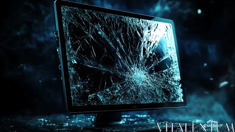 Shattered computer monitor glows with electric blue fractures.
