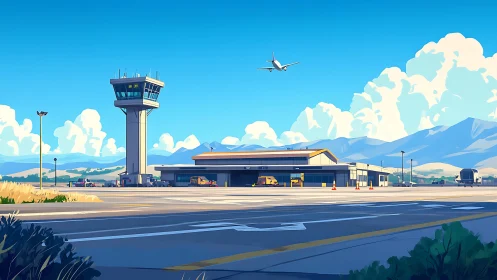 Sunny small-town airport welcomes travelers under bright skies