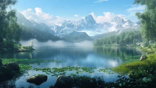 Silent alpine lake dreaming beneath crystal mountain crowns.