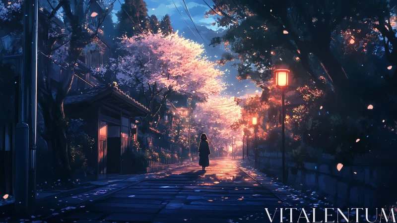 Gentle twilight walk beneath glowing cherry blossoms.