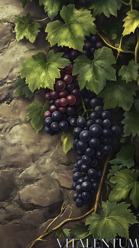 Digital painting of ripe grapevine clusters against stone wall.