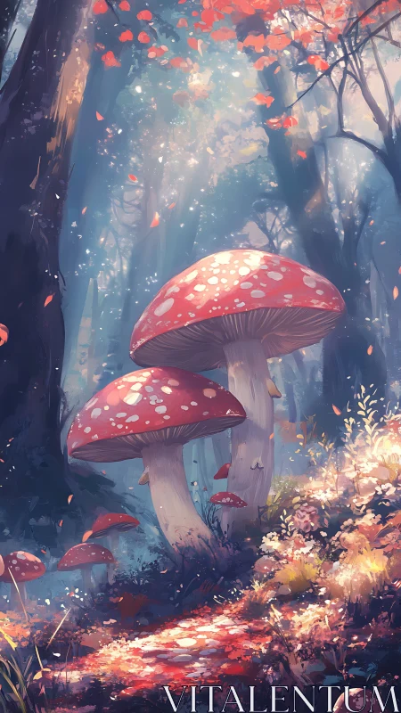 Digital painting of luminous forest toadstools in ethereal light.
