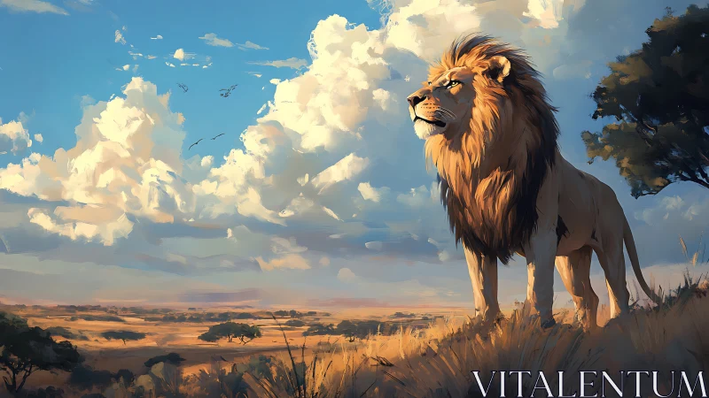 Digital painting of lion on sunlit savanna with epic sky panorama.