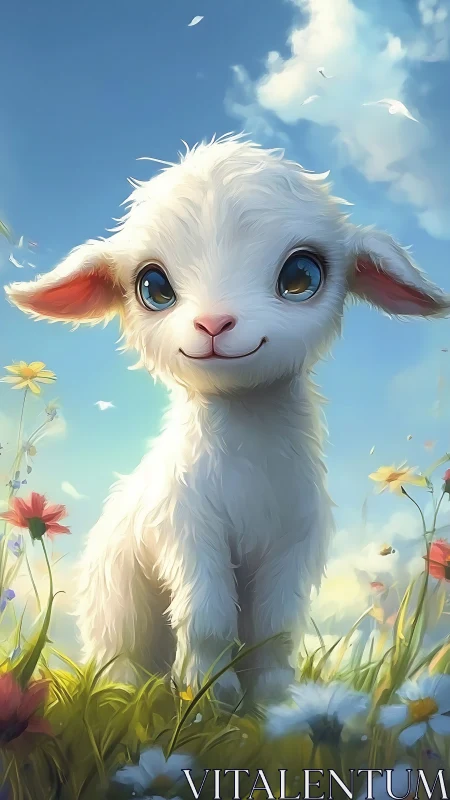 Sunny meadow lamb with bright eyes and gentle smile.
