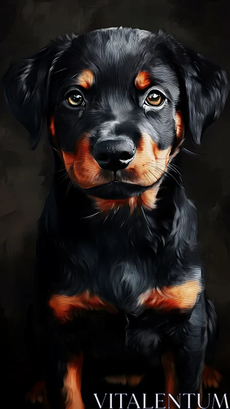 Tender rottweiler puppy portrait glows against dark backdrop