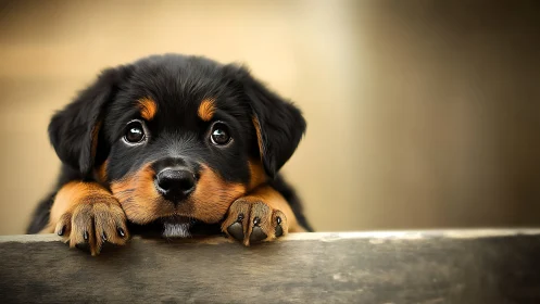Gentle puppy gazes up with hopeful eyes and quiet wonder