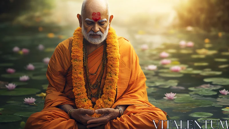 Digital painting of meditative guru amid lotus pond light bloom.