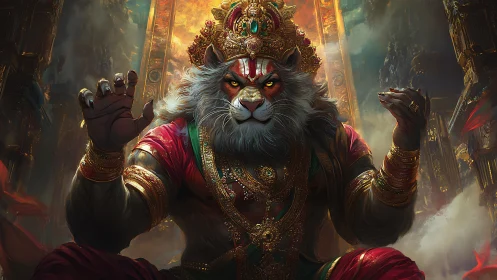 Anthropomorphic lion deity in ornate regal armor, frontal pose