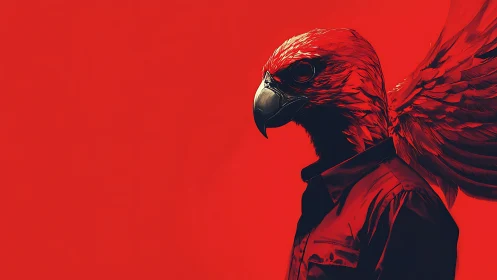 Hybrid hawk-headed figure in red shirt with extended wings.