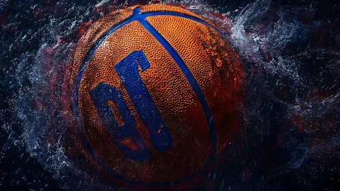 Dynamic closeup basketball splashing through dark water.