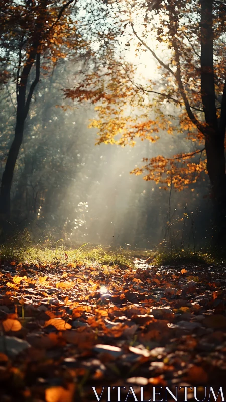 Misty forest path with autumn foliage and diffused sunlight