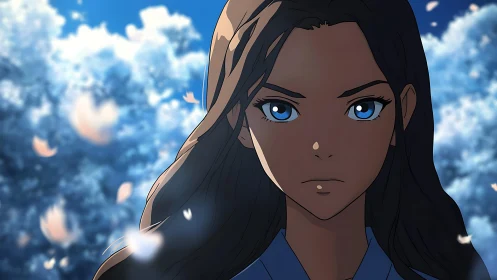 Focused blue-eyed heroine in dynamic atmospheric anime portrait.