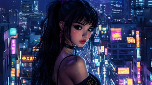 Neon city night with a wistful girl bathed in soft glow.
